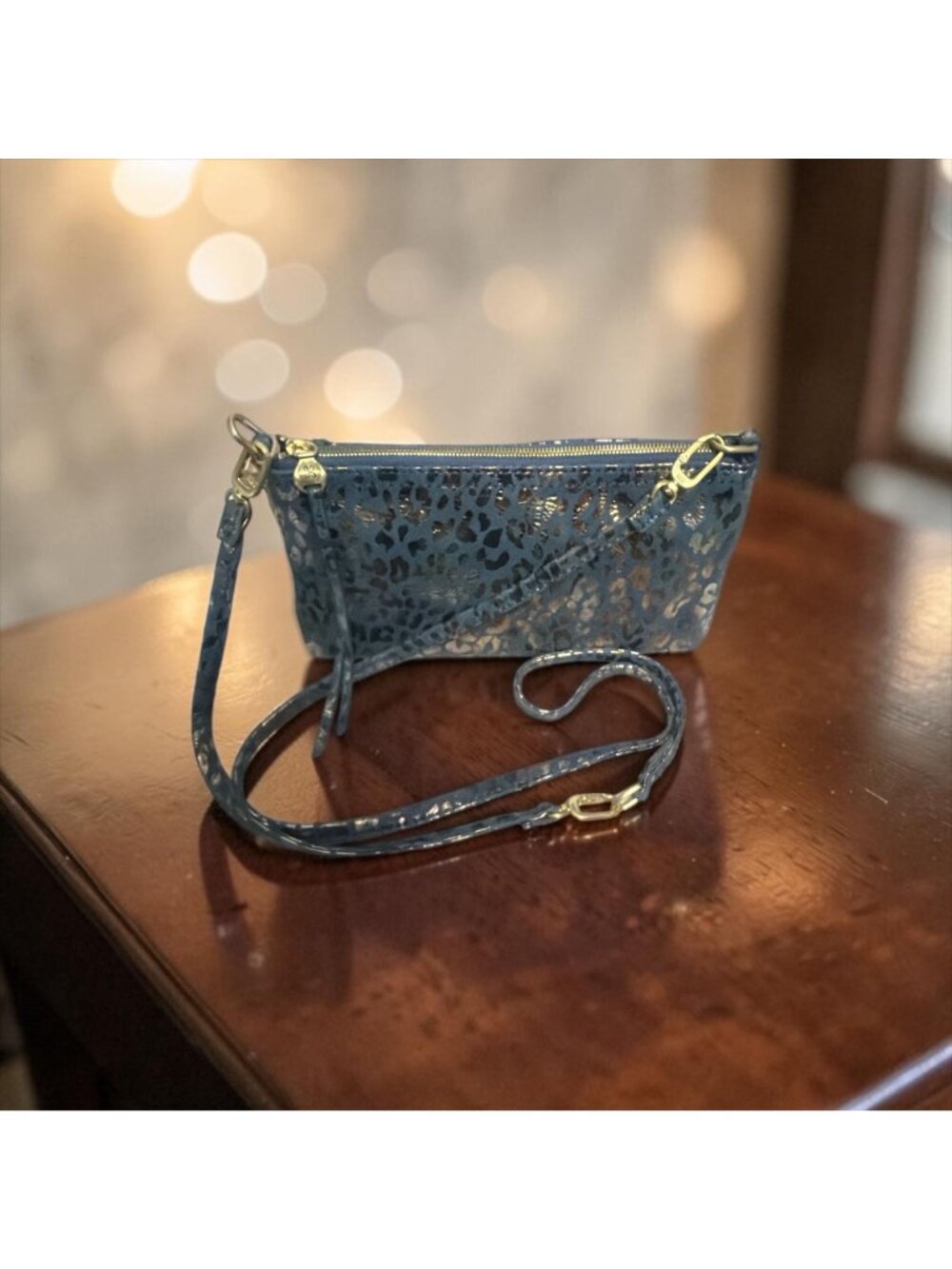 HOBO Darcy Crossbody Blue Mirror Cheetah Print Leather 3-way Bag Party Clutch NW - Picture 5 of 12